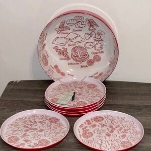 ARTISAN DE LUXE MELAMINE RED WHITE SERVING PASTA SALAD BOWL 6 PLATES NWT